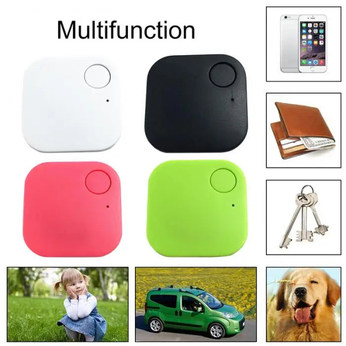 Image of four square, colorful Smart Bluetooth 4.0 Anti-Lost Trackers for Valuables in white, black, pink, and green. Below are images of a phone, wallet, keys, child, car, and pets—showcasing its multifunctional tracking ability for various items or individuals.