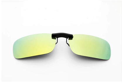 The Honey Joe Polarized Clip-On Sunglasses feature yellow-green gradient lenses, a black nose bridge, and UV400 protection, set against a white background.