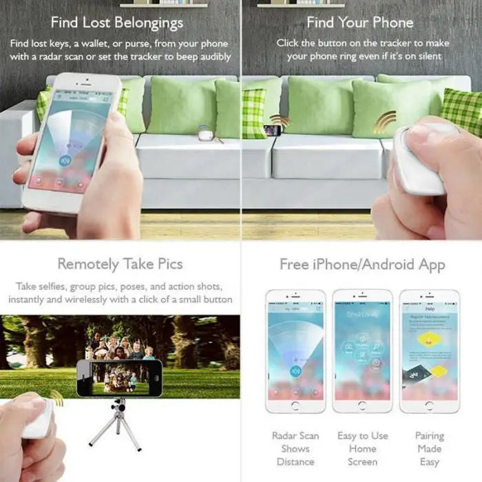 In a cozy living room, someone holds a smartphone with the Smart Bluetooth 4.0 Anti-Lost Tracker for Valuables app and a remote. Another image highlights features like finding keys/pets, remotely taking photos, and free iPhone/Android app access with a phone on a tripod.