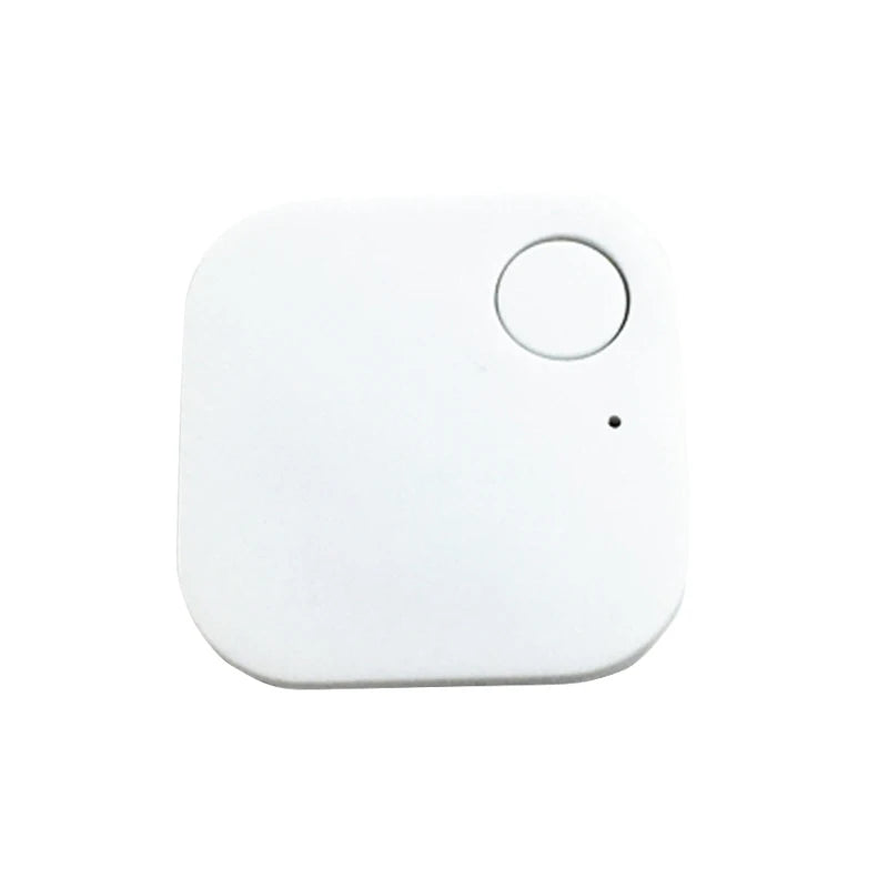 The Smart Bluetooth 4.0 Anti-Lost Tracker for Valuables, a small square white device with rounded edges and a corner button, is ideal for tracking keys or pets. It features a tiny LED indicator by the button to ensure you never lose important items.