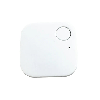 The Smart Bluetooth 4.0 Anti-Lost Tracker for Valuables, a small square white device with rounded edges and a corner button, is ideal for tracking keys or pets. It features a tiny LED indicator by the button to ensure you never lose important items.