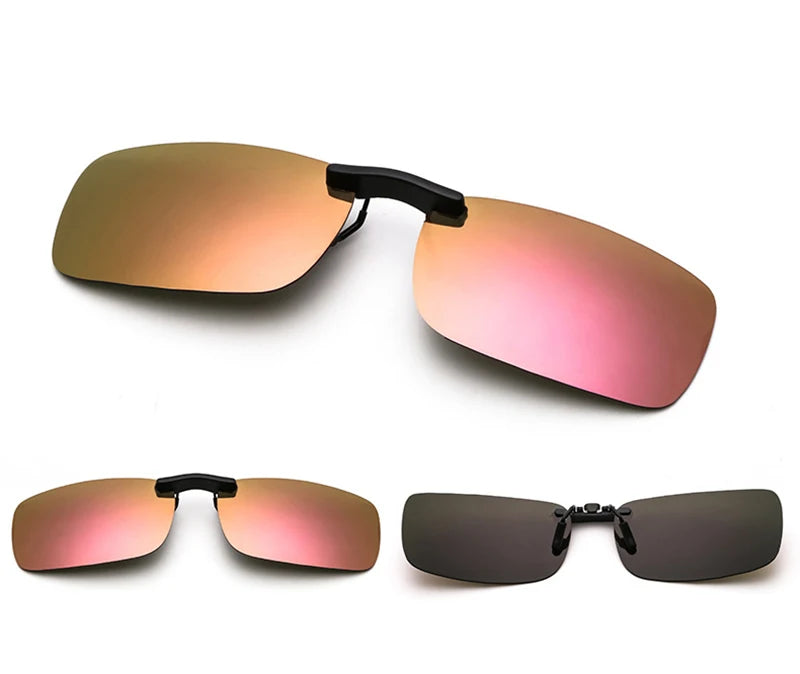 Three Honey Joe Polarized clip-on sunglasses are displayed: top with mirrored amber lenses, bottom left with UV400 mirrored pink lenses, and bottom right with dark non-mirrored lenses. All ensure reliable eye protection featuring a black clip-on mechanism.