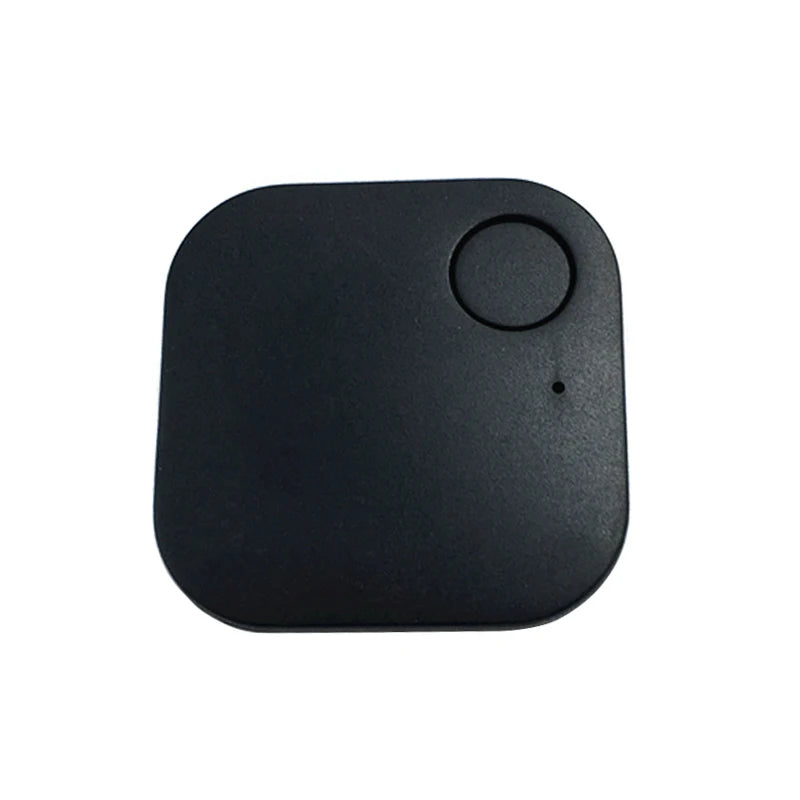 A compact, square black Smart Bluetooth 4.0 Anti-Lost Tracker for Valuables with rounded edges features a top-right circular button and an LED indicator hole below it, ideal for tracking keys or pets.