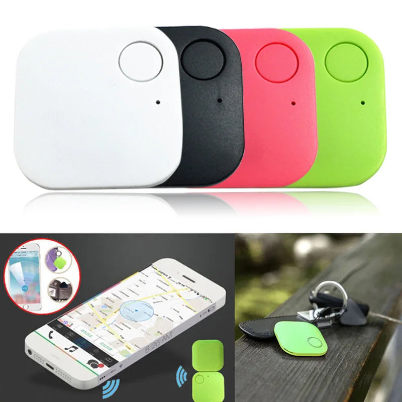 Smart Bluetooth 4.0 Anti-Lost Trackers for Valuables in white, black, pink, and green are featured. A smartphone map with a tracking app is displayed, with keys on the green tracker. An inset shows setup instructions for easy use on keys or pets.