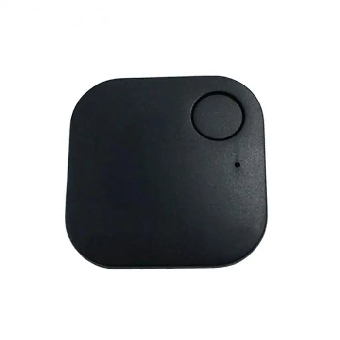 A compact, square black tracker with rounded corners and a circular button plus a small hole at the top right corner. This Smart Bluetooth 4.0 Anti-Lost Tracker for Valuables features a sleek design ideal for easily locating keys or pets.
