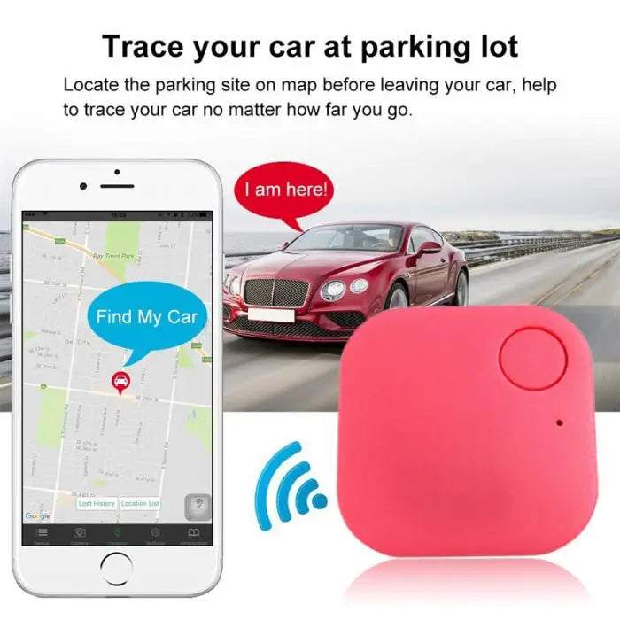 A smartphone with a map app displays Find My Car, a red car icon, and a pink Smart Bluetooth 4.0 Anti-Lost Tracker for Valuables. The text reads Trace your car at parking lot and I am here! alongside a wireless signal icon guiding the way.