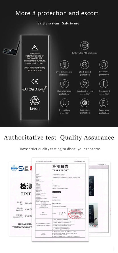 The image shows a High Capacity iPhone Battery 4-11 Pro Max 1800mAh+, boasting safety features like PTC and overcharge protection. It’s designed for iPhones from models 4 to 11 Pro Max, with quality assured by rigorous testing, ensuring extended battery life.