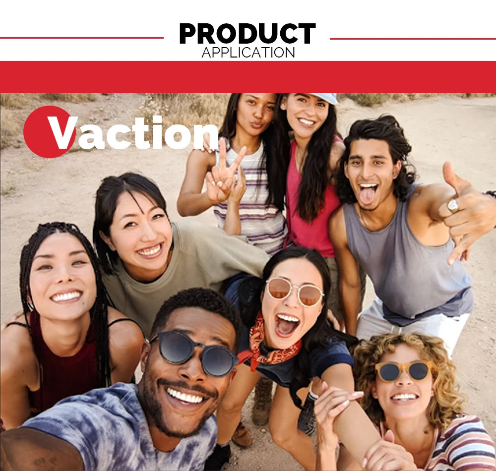 A group of eight smiling for a selfie outdoors, with one person wearing Polarized Clip-On Sunglasses - UV400 Anti-Glare Protection and holding the camera. Theyre on vacation. Text at the top reads Product Application and Vacation with a red background.