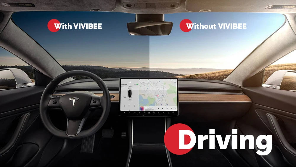 Car interior shows a windshield split view. Left side, labeled With Polarized Clip-On Sunglasses - UV400 Anti-Glare Protection, displays a clearer, vibrant landscape, while the right looks duller. A screen shows a map with Driving in bold text.