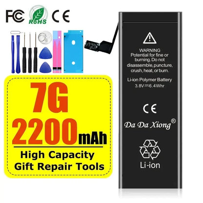 The High Capacity iPhone Battery 4-11 Pro Max 1800mAh+ replacement kit offers a dependable high-capacity Li-ion polymer battery, enhancing battery life for iPhone models 4 to 11 Pro Max. It includes screwdrivers, pry tools, and accessories with compatibility details and safety warnings.
