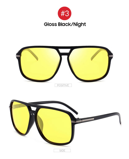 VIVIBEE Mens Polarized Night Vision Glasses feature a gloss black frame with yellow tinted lenses, ideal for night driving. The top view shows the front, while the bottom highlights the sleek design and temples. Text reads #3 Gloss Black/Night, showcasing these stylish clarity glasses.