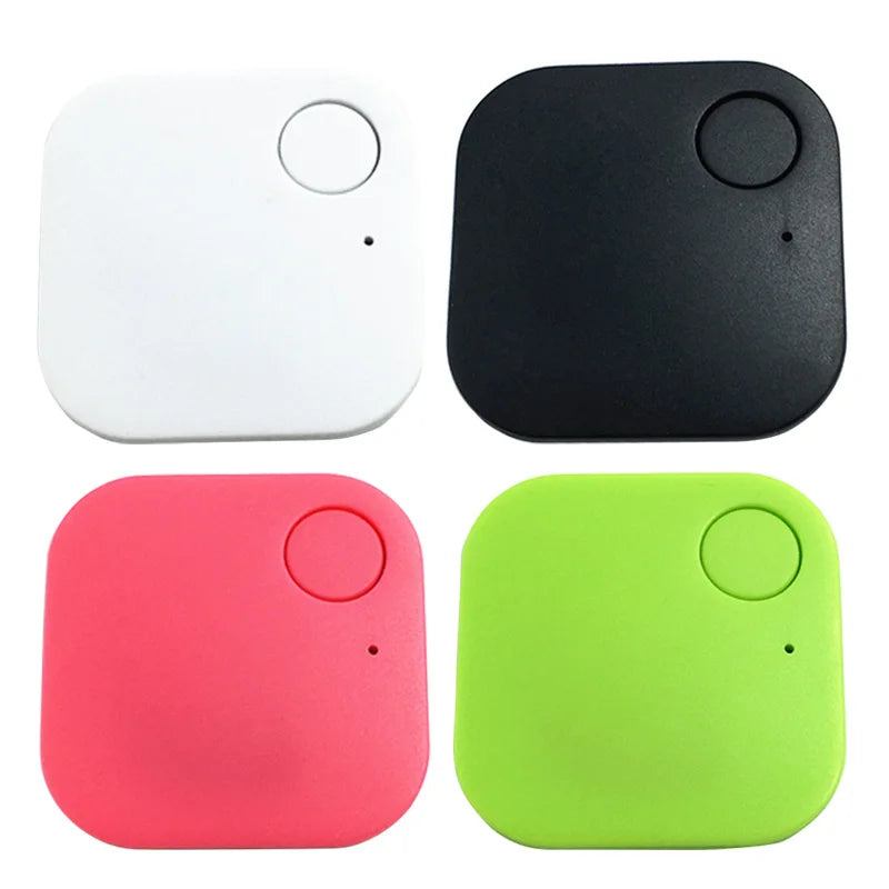 A grid displays four square Smart Bluetooth 4.0 Anti-Lost Trackers in white, black, pink, and green. Each has a small circular button in the top corner and helps track keys or pets.