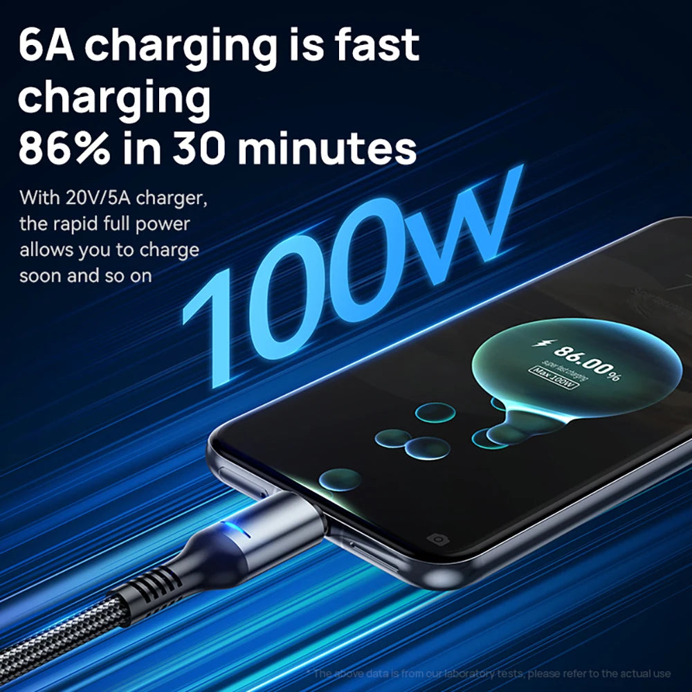 The USB-C 100W Fast Charging Cable with LED Display charges the smartphone to 86% in just 30 minutes using a 20V/5A charger, as dynamic blue lines highlight its rapid energy transfer.