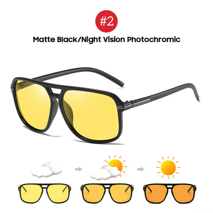 VIVIBEE Mens Polarized Night Vision Glasses - Stylish Clarity in matte black with yellow lenses are perfect for night driving. Displayed against a white backdrop, three inset images show the lenses adjusting from cloudy to sunny conditions, making them ideal for safe road and fishing adventures.