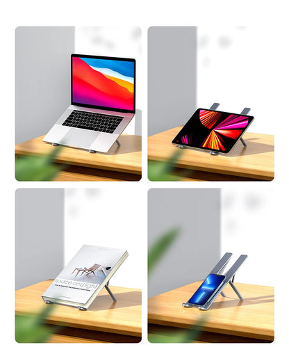 Four images show the UGREEN Laptop Stand - Adjustable Foldable Aluminum: supporting a laptop, a tablet in landscape mode, an open book, and a smartphone in portrait. This ergonomic stand with adjustable height sits elegantly on a wooden desk.
