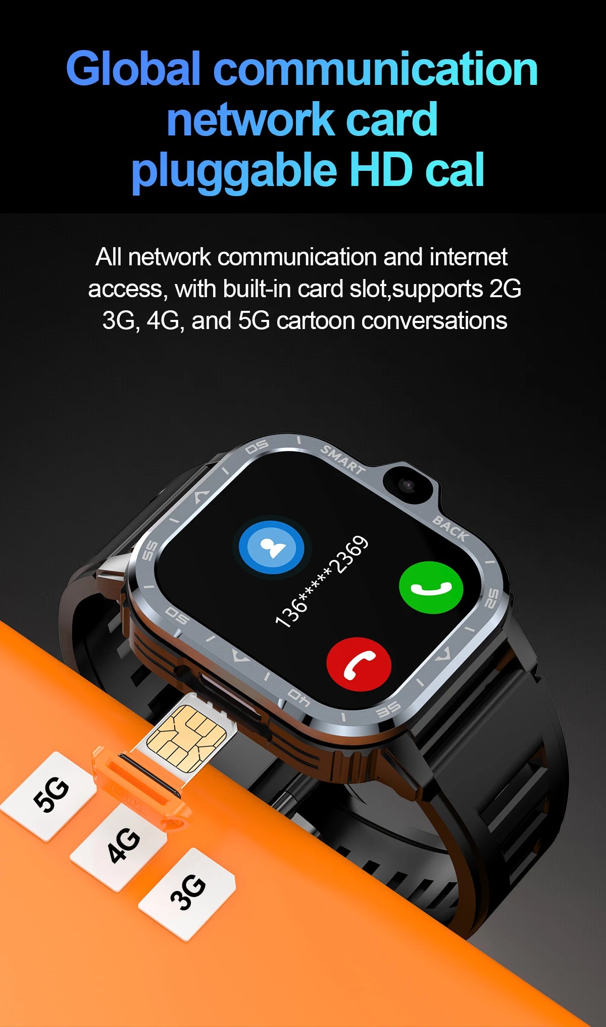The Valdus PGD Smart Watch for Men features a rectangular screen, dual cameras, and supports SIM card function. It offers global communication with internet access and compatibility with 2G, 3G, 4G, and 5G networks—ideal for men seeking versatile connectivity.