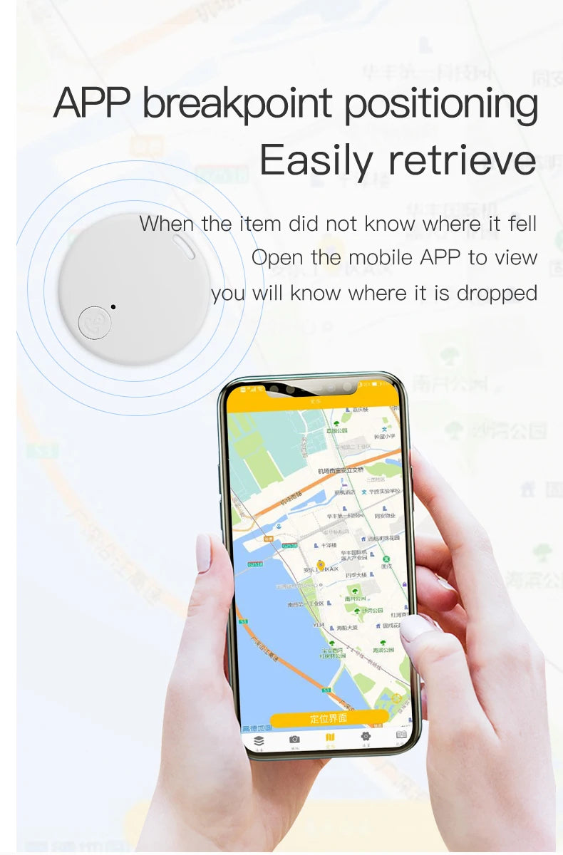 A person holds a smartphone showing a map with a marked location. Above, a small round device is visible. Text reads: Seamopar Mini GPS Tracker with Anti-Lost Bluetooth Key Finder technology. Open the mobile app to easily pinpoint where your item fell and keep track effortlessly.