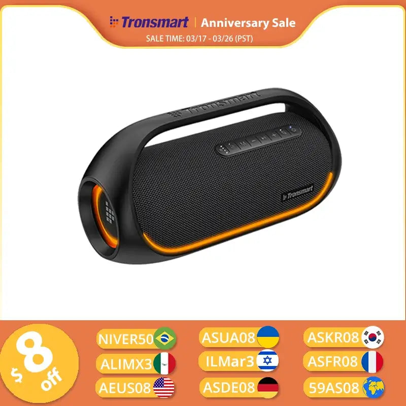 Image of the Tronsmart Bang Speaker, a portable 60W Bluetooth device in bold black and orange. An Anniversary Sale runs March 17-26 (PST). Below, country flags reveal discount codes for 8% off, promising heavy bass with app control.