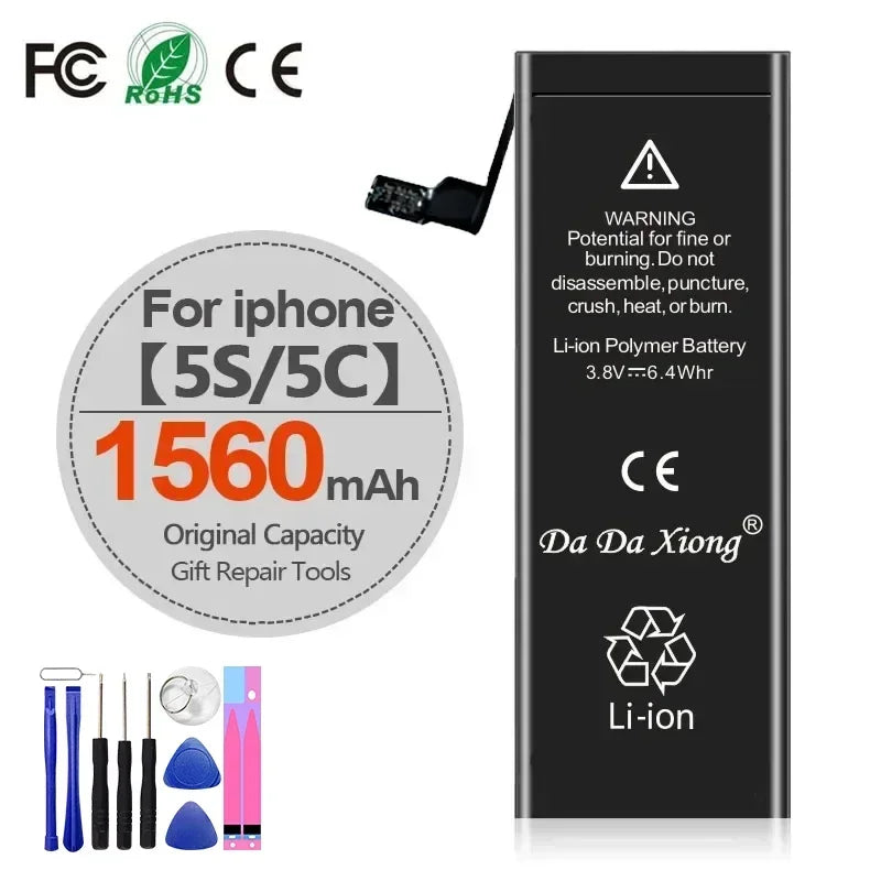 High Capacity iPhone Battery 4-11 Pro Max with 1800mAh+, offers extended battery life for your device; repair tools included. Battery displays caution warning and certification icons above.