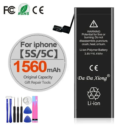 High Capacity iPhone Battery 4-11 Pro Max with 1800mAh+, offers extended battery life for your device; repair tools included. Battery displays caution warning and certification icons above.
