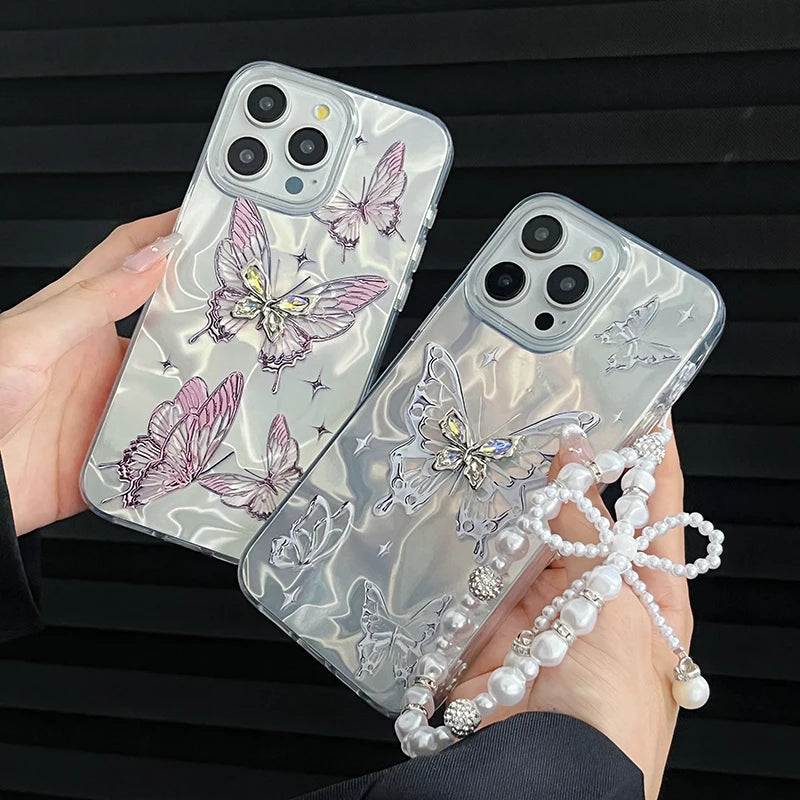 Étui de luxe pour iPhone avec chaîne pailletée en forme de papillon