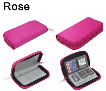 The NoEnName Memory Card Collect Bag - 22 Slot Organizer Case in Rose is a pink, water-repellent holder with plastic sleeves for SD and microSD cards, shown open and closed, offering safe and stylish storage.