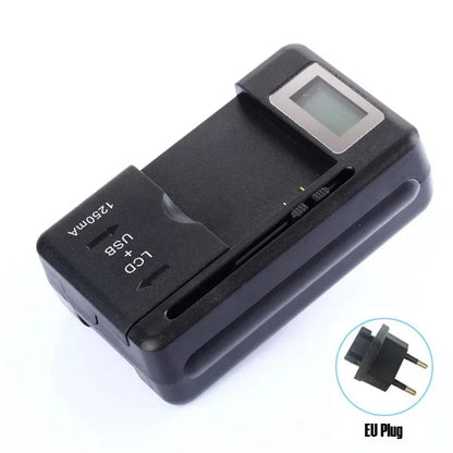 The YIBOYUAN Universal USB Battery Charger features an LCD indicator with a 1250mA output, an adjustable slot for compatibility with different battery sizes, and a detachable EU plug adapter marked by a blue circle.