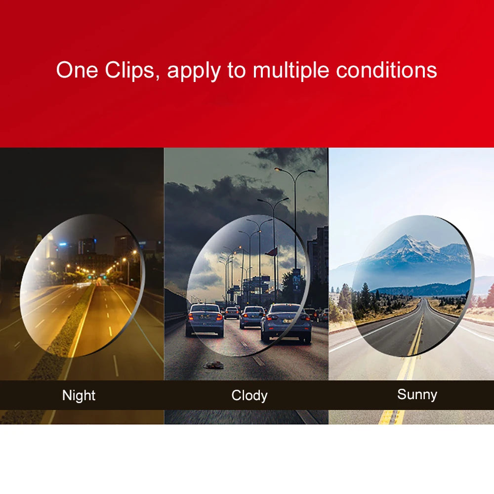 A red banner says, One Clip, multiple conditions featuring UV400 protection. Three images through an oval lens display a night road, cloudy highway with traffic, and sunny road with mountain. Labels: Night, Cloudy, Sunny—perfect for Polarized Clip-On Sunglasses - UV400 Anti-Glare Protection.