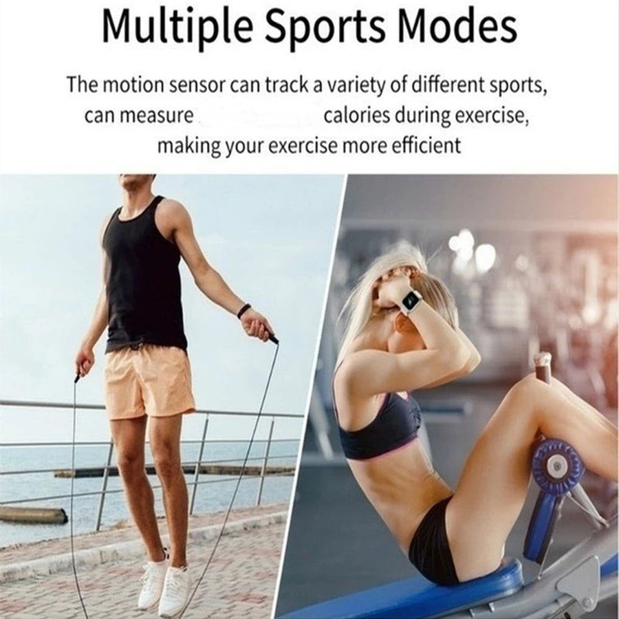 Split image: Left, person jumping rope near water, smartwatch shimmering. Right, person on gym bench with Bluetooth tunes. Text above reads Smart Watch for Men & Women - Bluetooth Fitness Tracker featuring multiple sports modes, motion sensor, and calorie tracking.