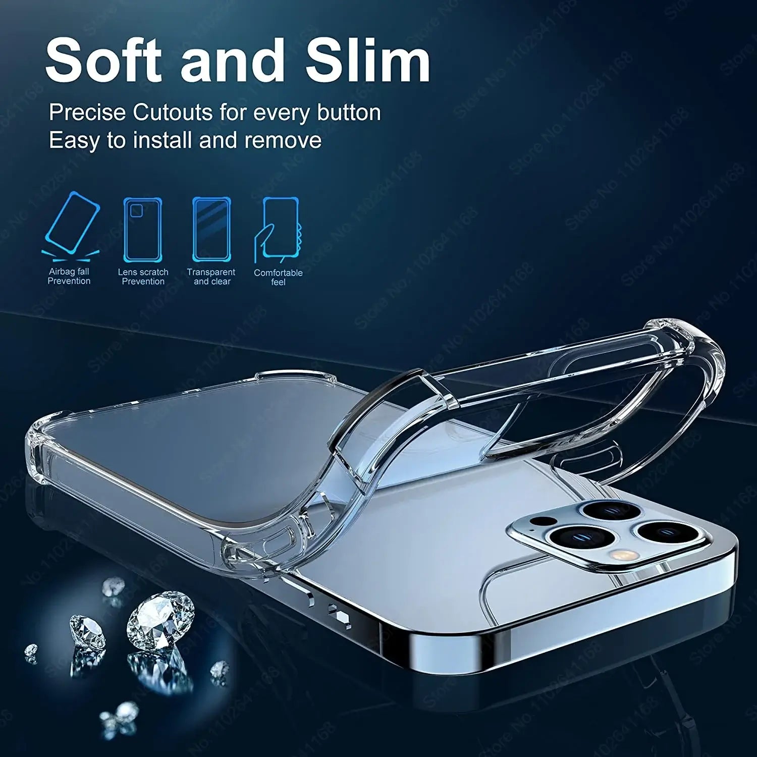 Luxury shockproof clear phone case for iPhone, soft, slim, anti-scratch, anti-fingerprint, precise cutouts, stylish protective design.