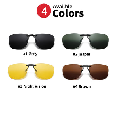 Image of four rectangular Polarized Clip-On Sunglasses, labeled by color: #1 Grey, #2 Jasper (green), #3 Night Vision (yellow), #4 Brown, with the text 4 Available Colors above. Each offers UV400 Anti-Glare Protection.