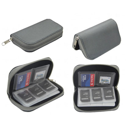 The NoEnName Memory Card Collect Bag - 22 Slot Organizer Case is shown in gray, closed and open to display its water-repellent design, with multiple SD and microSD cards organized in clear pockets.