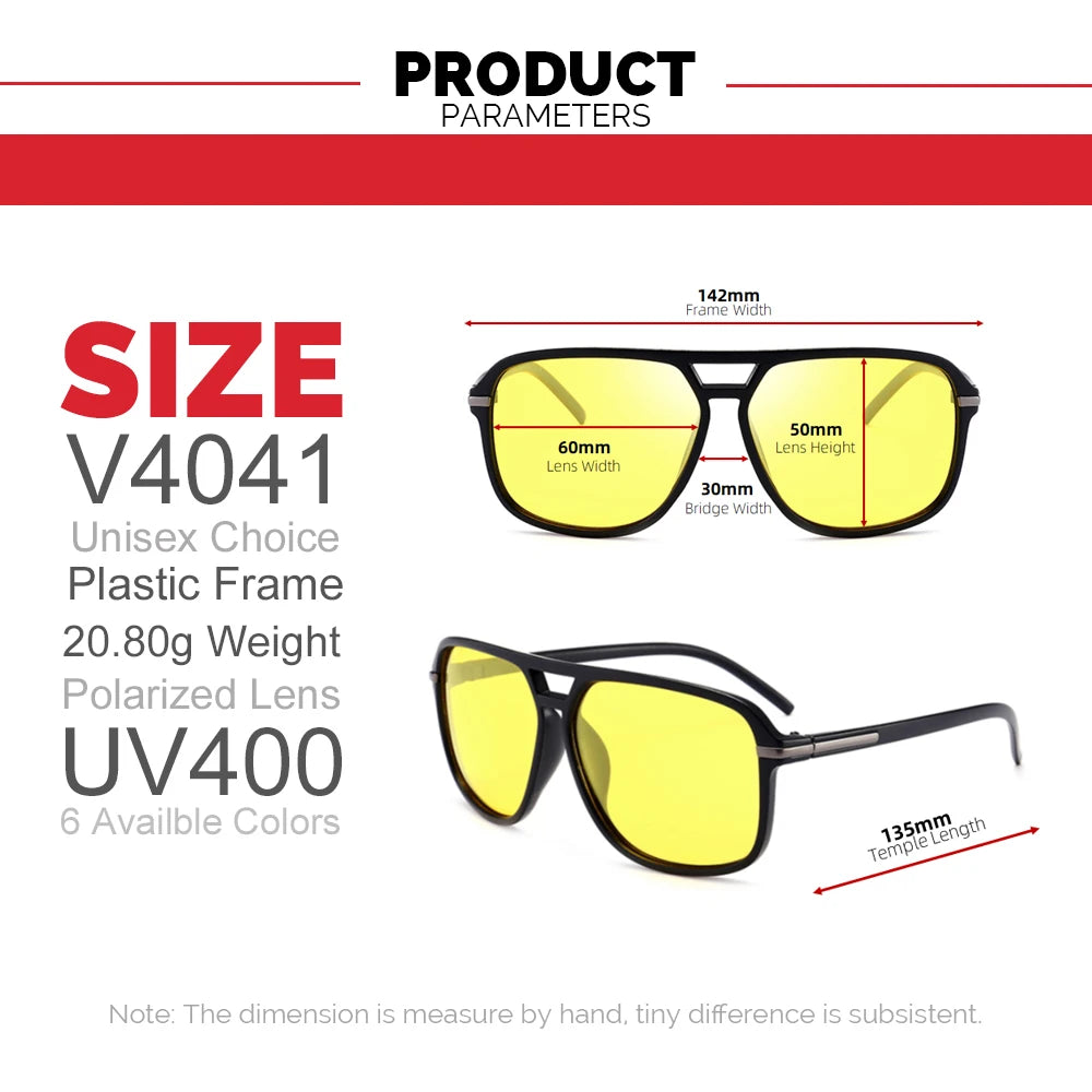 Infographic for VIVIBEE Mens Polarized Night Vision Glasses: Unisex, 20.8g plastic frame, polarized UV400 lens ideal for night driving/fishing. Available in 6 colors; size V4041 with lens width 60mm, height 50mm, bridge 20mm, temple length 135mm.