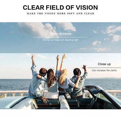 In a convertible, four people joyfully raise their arms toward the ocean under a clear sky. The MOKDUFF Polarized Sunglasses offer UV400 Protection to block dazzling light and enhance clarity while fitting comfortably over glasses.