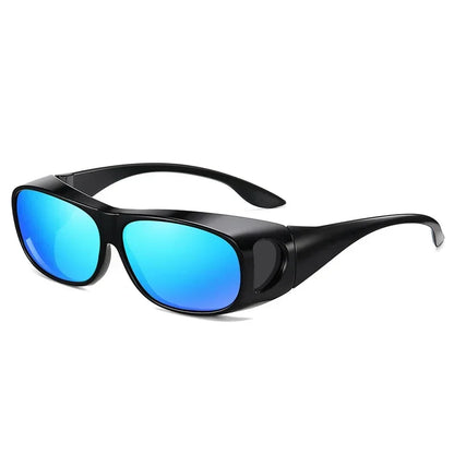 MOKDUFF Polarized Sunglasses boast bold black design, large blue mirrored lenses, thick frames with side panels, and contoured temples. They offer UV400 protection, combining style and top-notch safety while comfortably fitting over glasses.