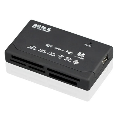 The USB 2.0 Mini Memory Card Reader supports SD, MMC, and CF formats in black, designed for high-speed data transfer with logos on top and a side USB port.