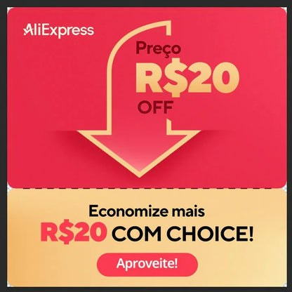 A red and yellow AliExpress ad in Portuguese offers R$20 off via the Choice program. A large arrow highlights deals on products like the USB 2.0 Mini Memory Card Reader With Multi-Card Support. Click the red Aproveite! button to save even more.