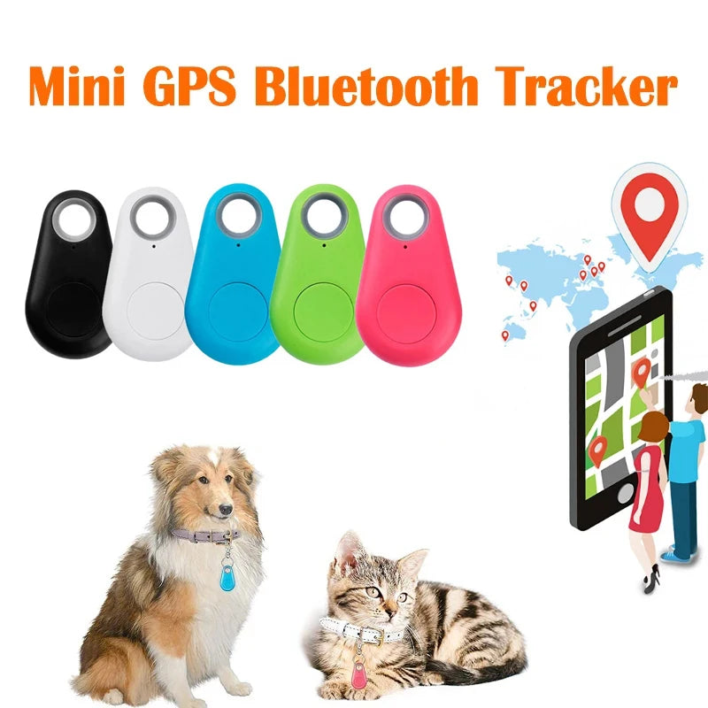 Five Seamopar Mini GPS Trackers, available in black, white, blue, green, and pink. Images show a dog and cat with the tracker. An illustration on the right displays people using a smartphone map with a location pin for anti-theft alerts using the Compact Anti-Lost Bluetooth Key Finder.