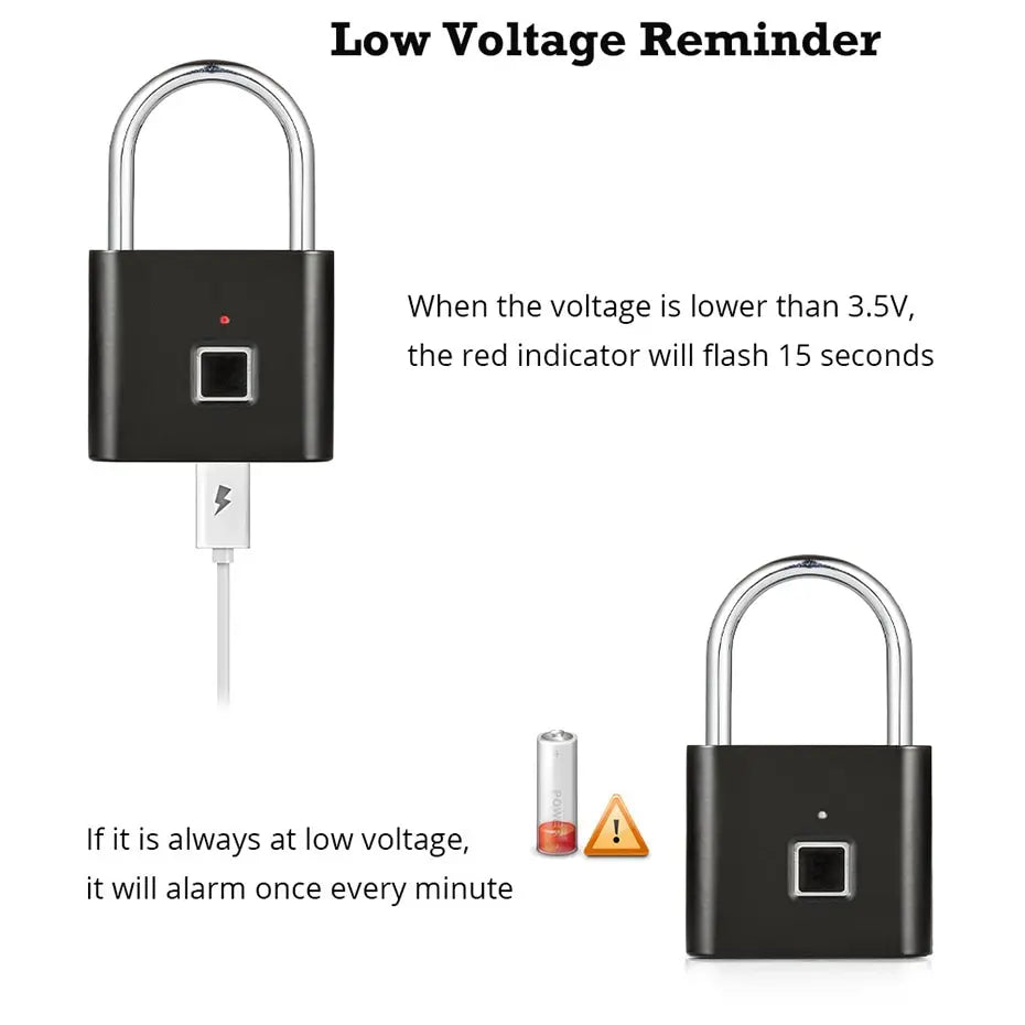 The KERUI Keyless Fingerprint Padlock features advanced fingerprint tech, a USB charging port, and warns with a red flash and alarm when voltage is under 3.5V. It also shows a warning symbol and low battery icon for convenience.