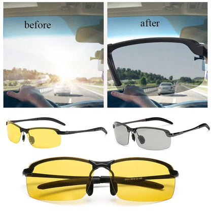 Comparison of driving visibility with and without polarized sunglasses. Left: blurred, sunny view; right: clear, shaded view through lenses ideal for outdoor adventures. Two pairs of cycling sunglasses are showcased below—yellow lenses with HARKO Polarized Night Vision and dark lenses.