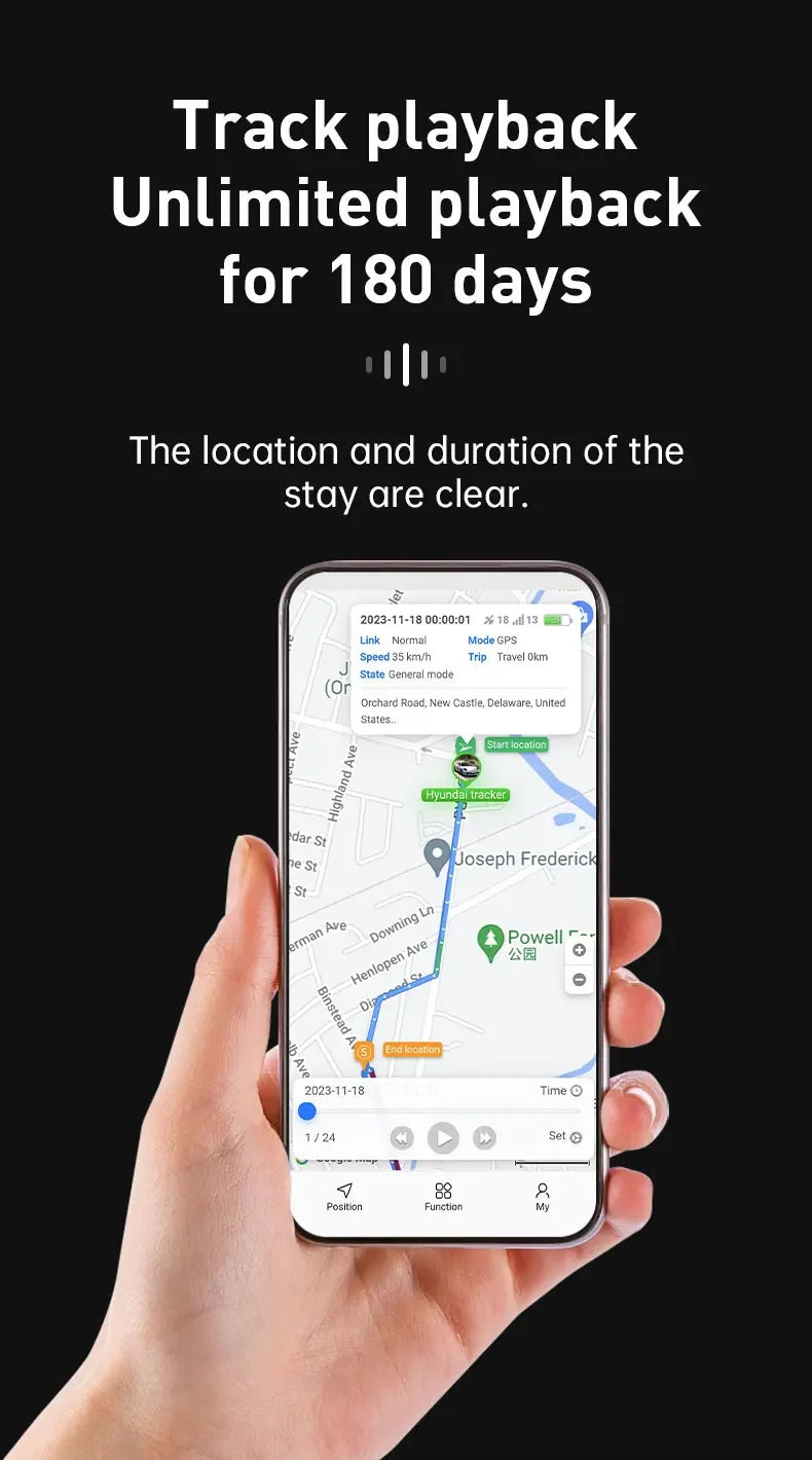 A hand holds a smartphone showing a tracked route and timeline. Text: Track playback. With the Mini Magnetic GPS Tracker: Real-Time Pet Locator, get live updates and unlimited route playback for 180 days.