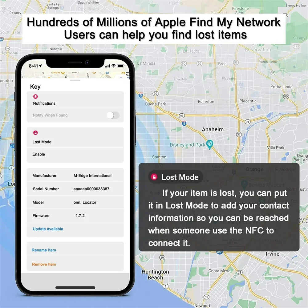 The image features a smartphone with an Apple Find My Network screen, showcasing key device details and a popup about Lost Mode for recovery contact info. A city map in the background highlights the Mini Bluetooth GPS Trackers effectiveness as an anti-lost solution.