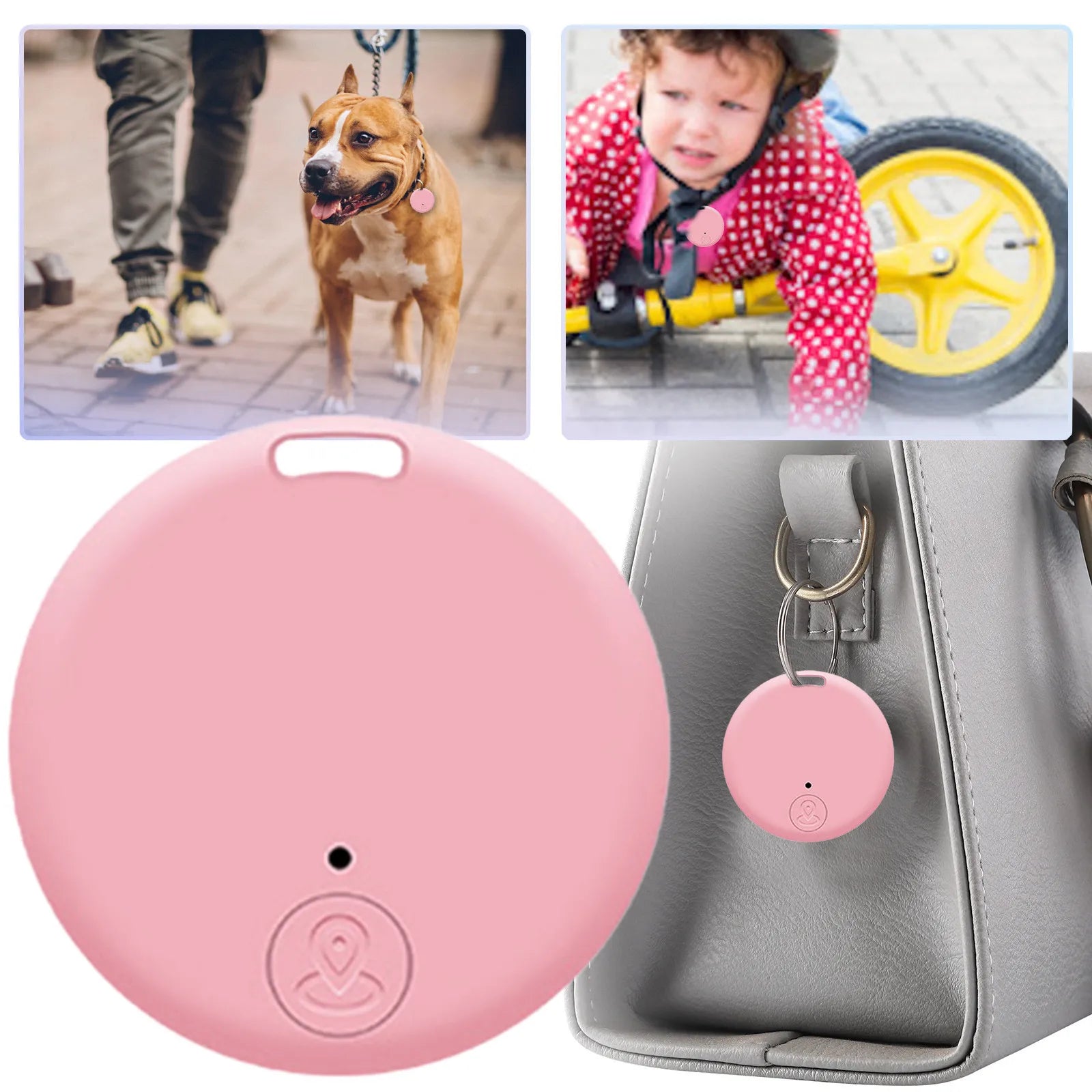 A collage shows a dog on a leash, a child in a red coat next to a yellow bike, and the Seamopar Mini GPS Tracker - Compact Anti-Lost Bluetooth Key Finder attached to a gray bag. This pink round device provides anti-theft alerts, perfect for tracking pets and children.