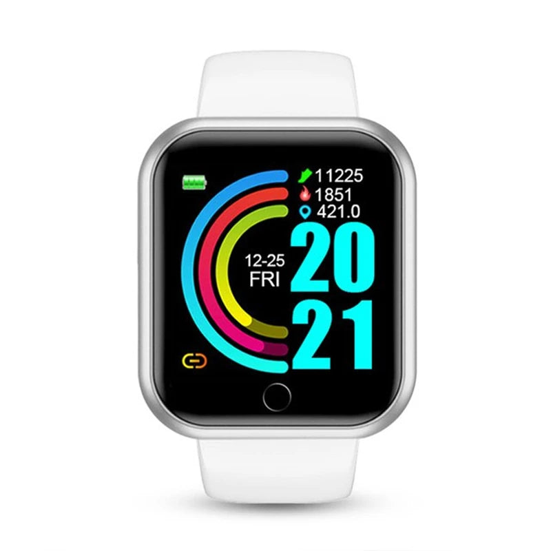 Introducing the Smart Watch for Men & Women - Bluetooth Fitness Tracker, featuring a sleek silver frame, white band, and vibrant display. Enjoy Bluetooth Music Control and colorful activity updates with blue, red, and yellow rings on 12-25 FRI, 2021—a perfect blend of style and function.