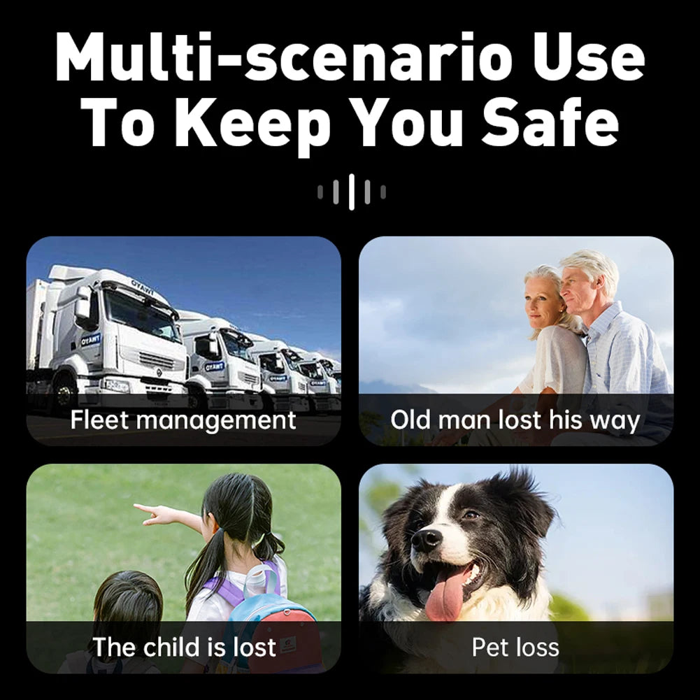 A graphic titled Multi-scenario Use To Keep You Safe showcases the Mini GPS Tracker - Real-Time Magnetic Smart Locator in various scenarios: fleet management with trucks, an elderly couple, a child pointing, and a smiling dog—all benefiting from real-time tracking with safety alerts.