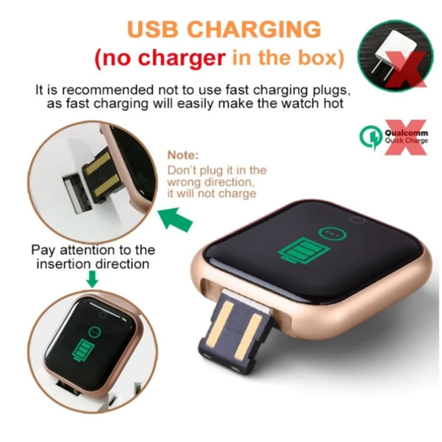 The charging guide for the Smart Watch for Men & Women - Bluetooth Fitness Tracker shows USB connection and advises against fast charging plugs to protect the battery. Two images demonstrate correct USB insertion, with a red X indicating incorrect orientation to ensure proper alignment.