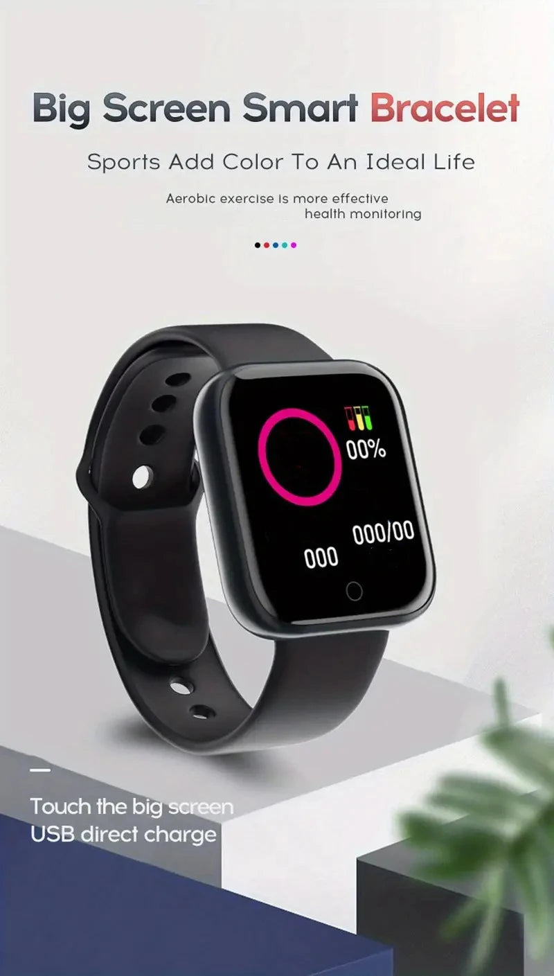 A sleek black smart bracelet with a touchscreen shows fitness icons and Bluetooth music control. The image highlights Smart Watch for Men & Women - Bluetooth Fitness Tracker, combining style with functionality, with the tagline Sports Add Color To An Ideal Life.