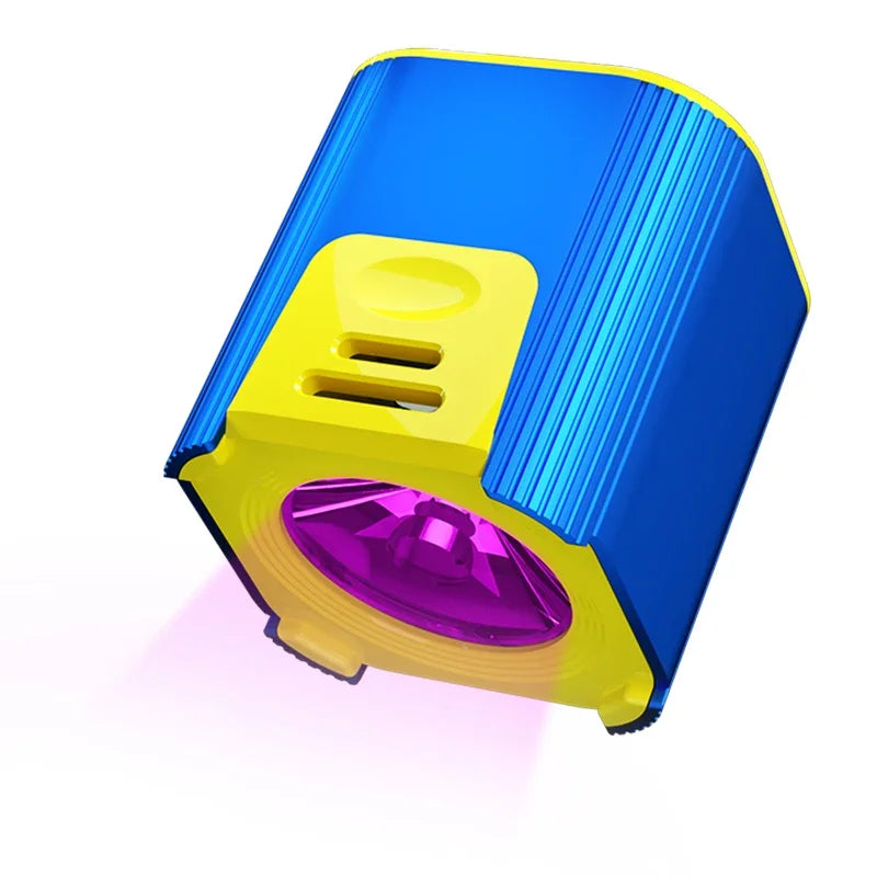 The Mechanic L1 UV Curing Lamp is a compact, colorful cube-shaped device with a blue exterior, yellow accents, and a circular pink lens that emits pink light. The lamps grooved geometric design makes it ideal for precision tasks like phone repair using UV glue.