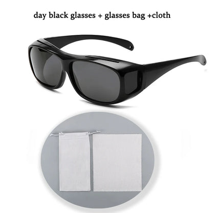 NoEnName Night Vision Glasses - Anti-Glare Driving features black frames with dark lenses, displayed with a white drawstring bag and cleaning cloth. Ideal for stylish and comfortable driving!.