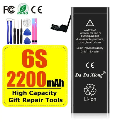 High Capacity iPhone Battery 4-11 Pro Max 1800mAh+ (Li-ion, CE/RoHS, “Da Da Xiong” brand) with warning label. Includes gift repair tools and highlights extended battery life. Tools are pictured on the left.